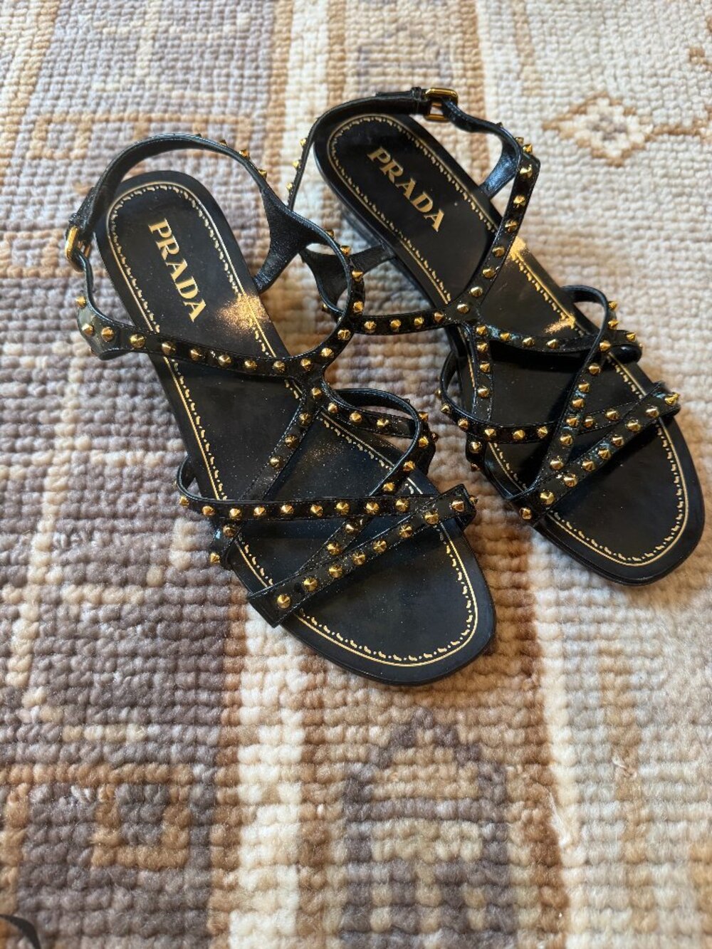 Prada Black Patent Leather Gold Studded Wedge Sandal (size 38.5)